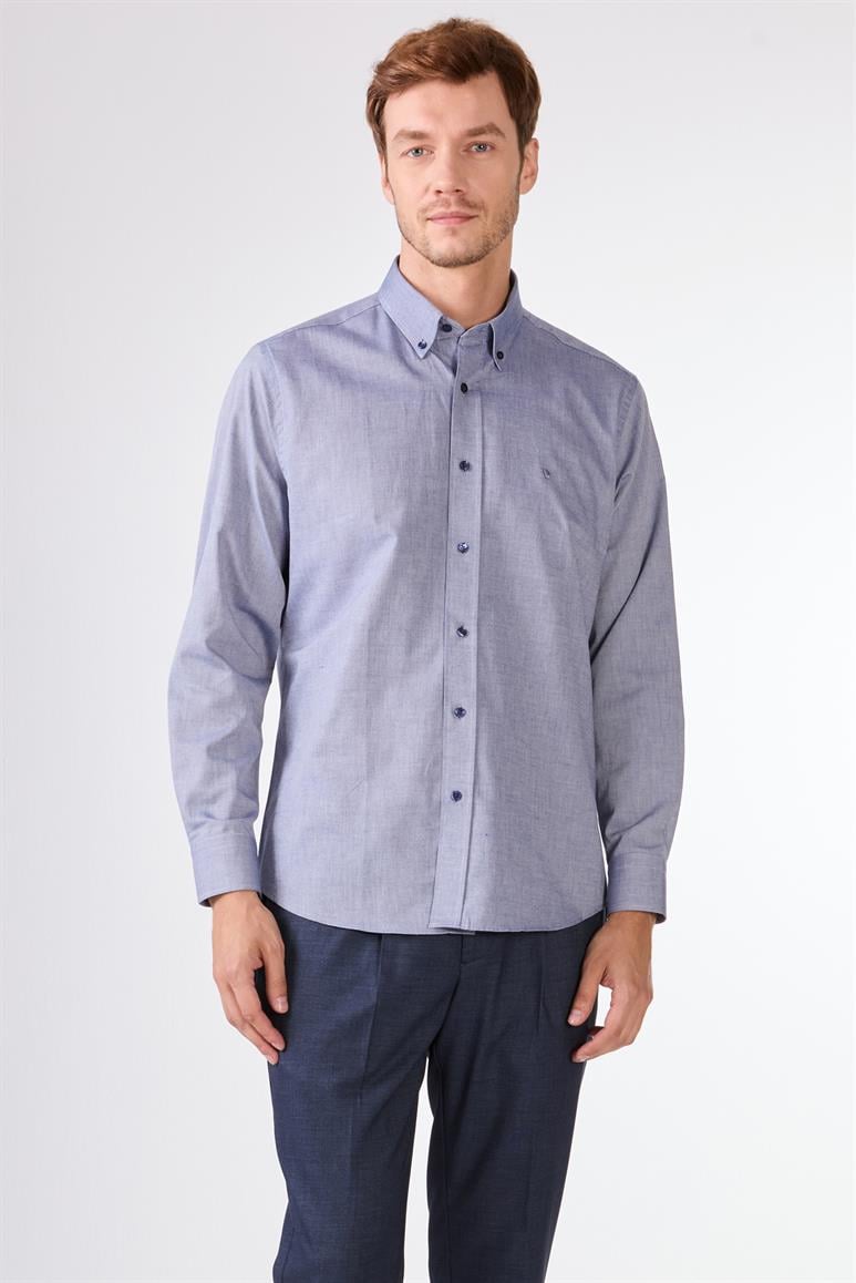 Lacivert Erkek Regular Fit Oxford Brent Düğmeli Yaka Uzun Kol Gömlek 