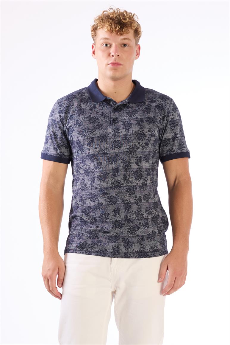 Lacivert Erkek Slim Fit Desenli Polo Yaka T-shirt 