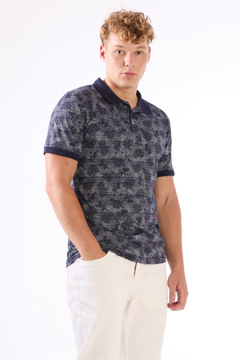 Lacivert Erkek Slim Fit Desenli Polo Yaka T-shirt 