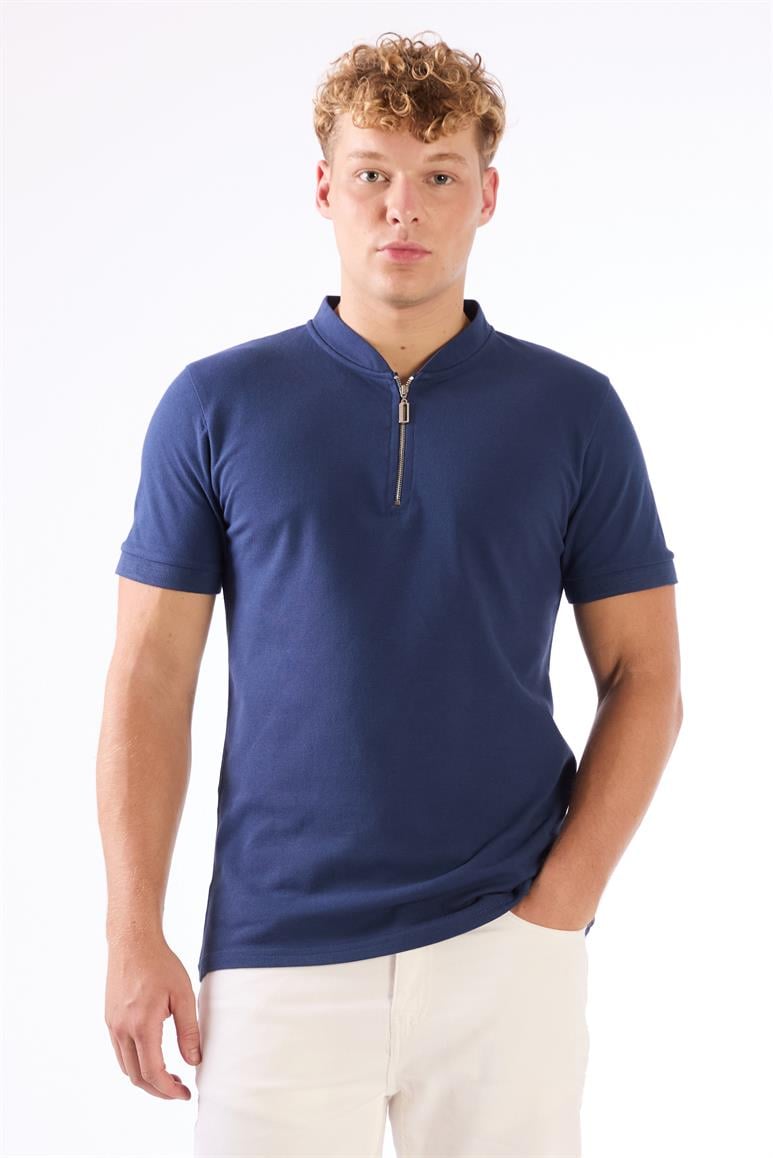 Lacivert Erkek Slim Fit Düz Bomber Yaka T-shirt 