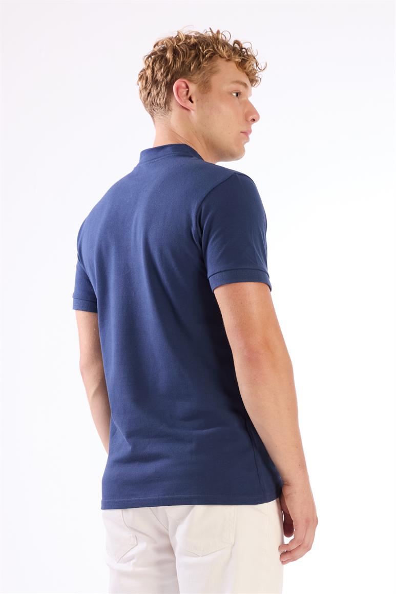 Lacivert Erkek Slim Fit Düz Bomber Yaka T-shirt 