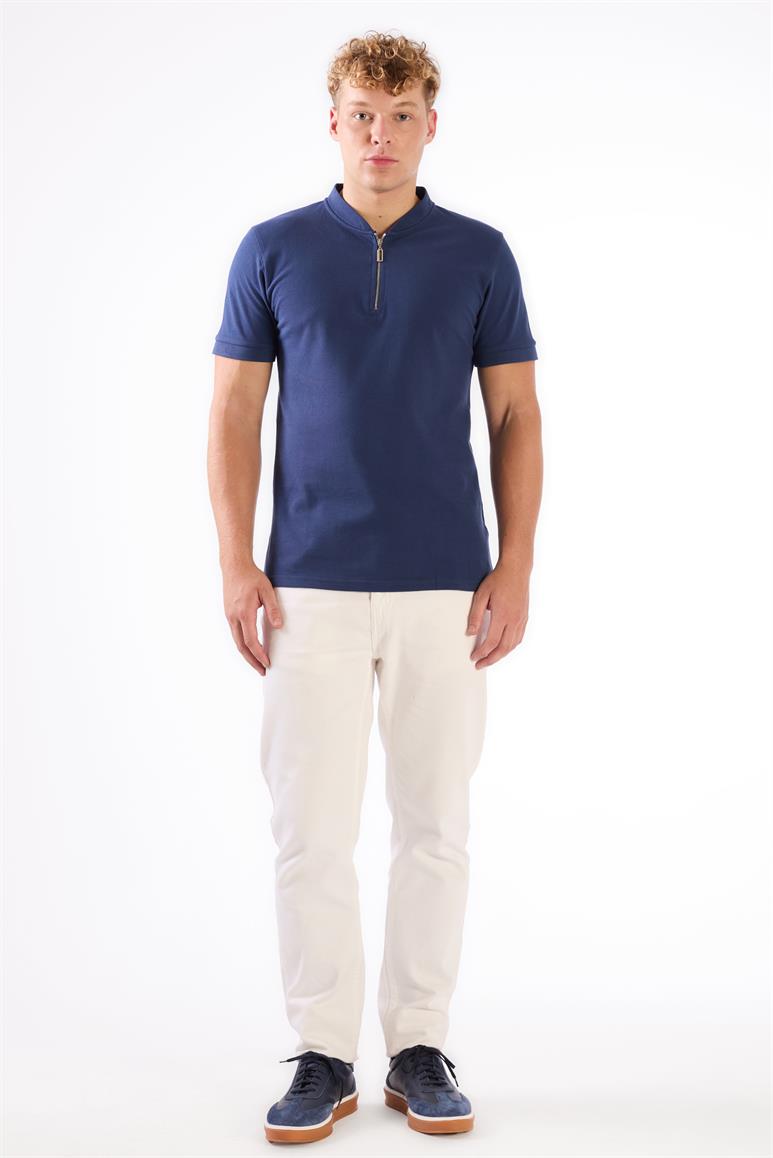 Lacivert Erkek Slim Fit Düz Bomber Yaka T-shirt 