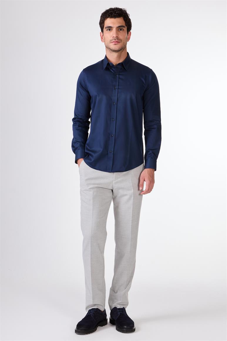 Lacivert Erkek Slim Fit Düz Düğmeli Yaka Uzun Kol Gömlek 