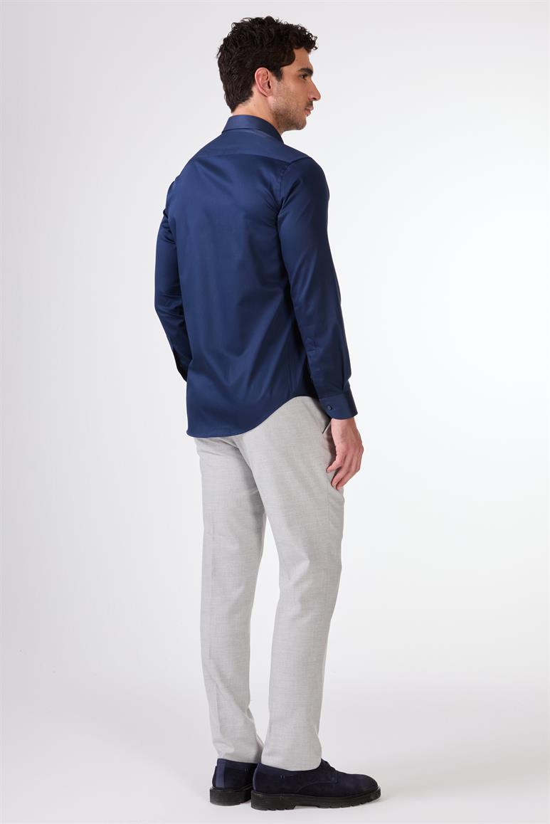 Lacivert Erkek Slim Fit Düz Düğmeli Yaka Uzun Kol Gömlek 