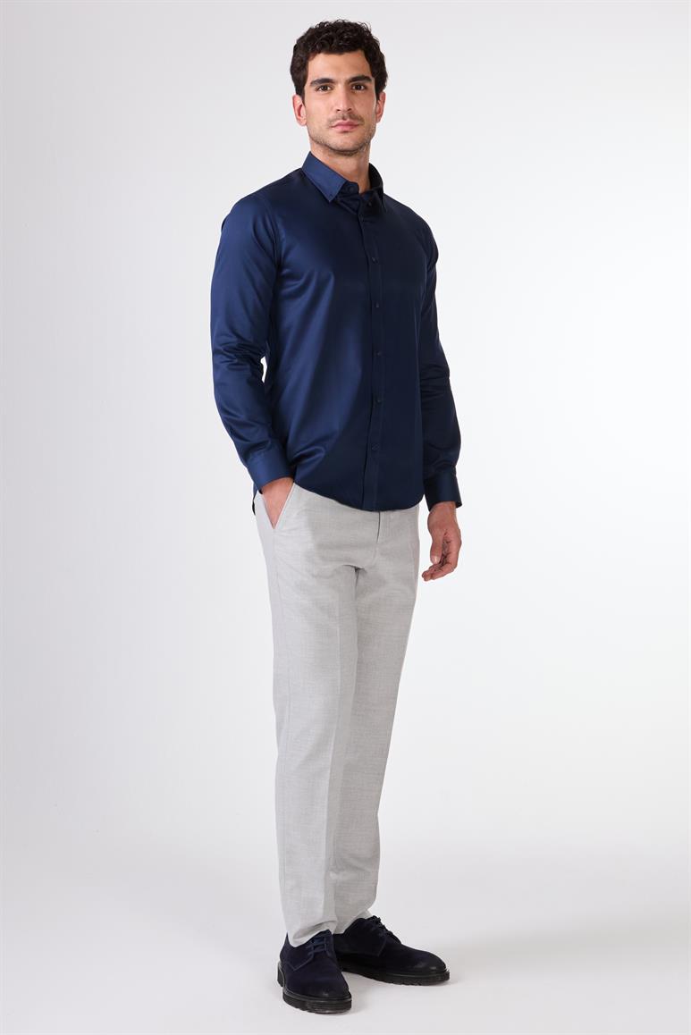 Lacivert Erkek Slim Fit Düz Düğmeli Yaka Uzun Kol Gömlek 
