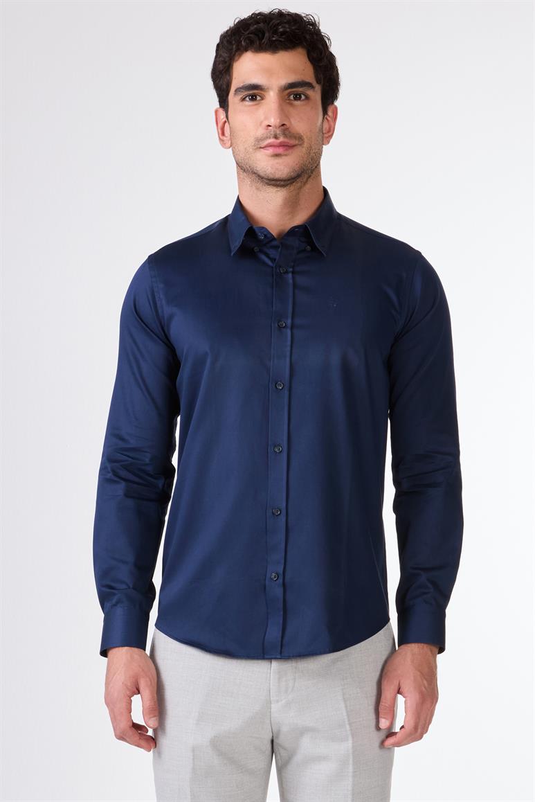 Lacivert Erkek Slim Fit Düz Düğmeli Yaka Uzun Kol Gömlek 