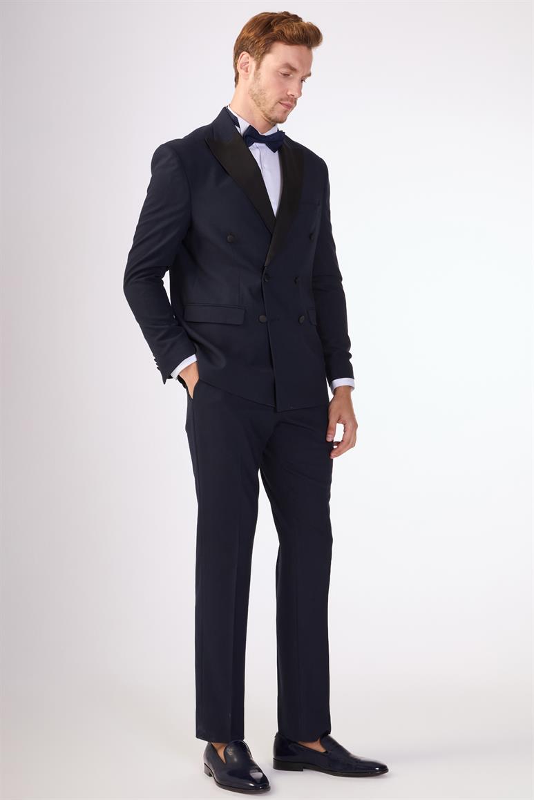Lacivert Erkek Slim Fit Düz Sivri Yaka Smokin Takım 