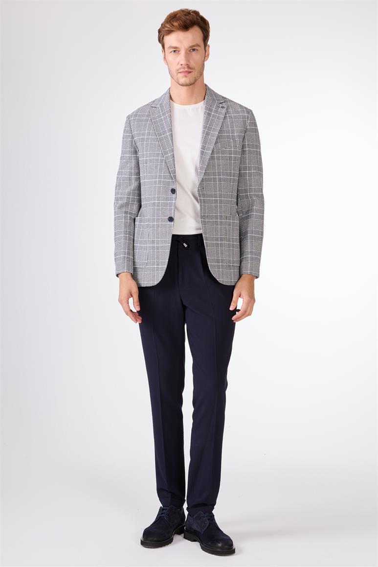 Lacivert Erkek Slim Fit Ekose Desenli Mono Yaka Ceket 