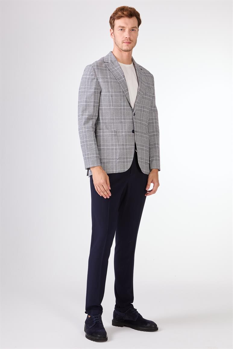 Lacivert Erkek Slim Fit Ekose Desenli Mono Yaka Ceket 