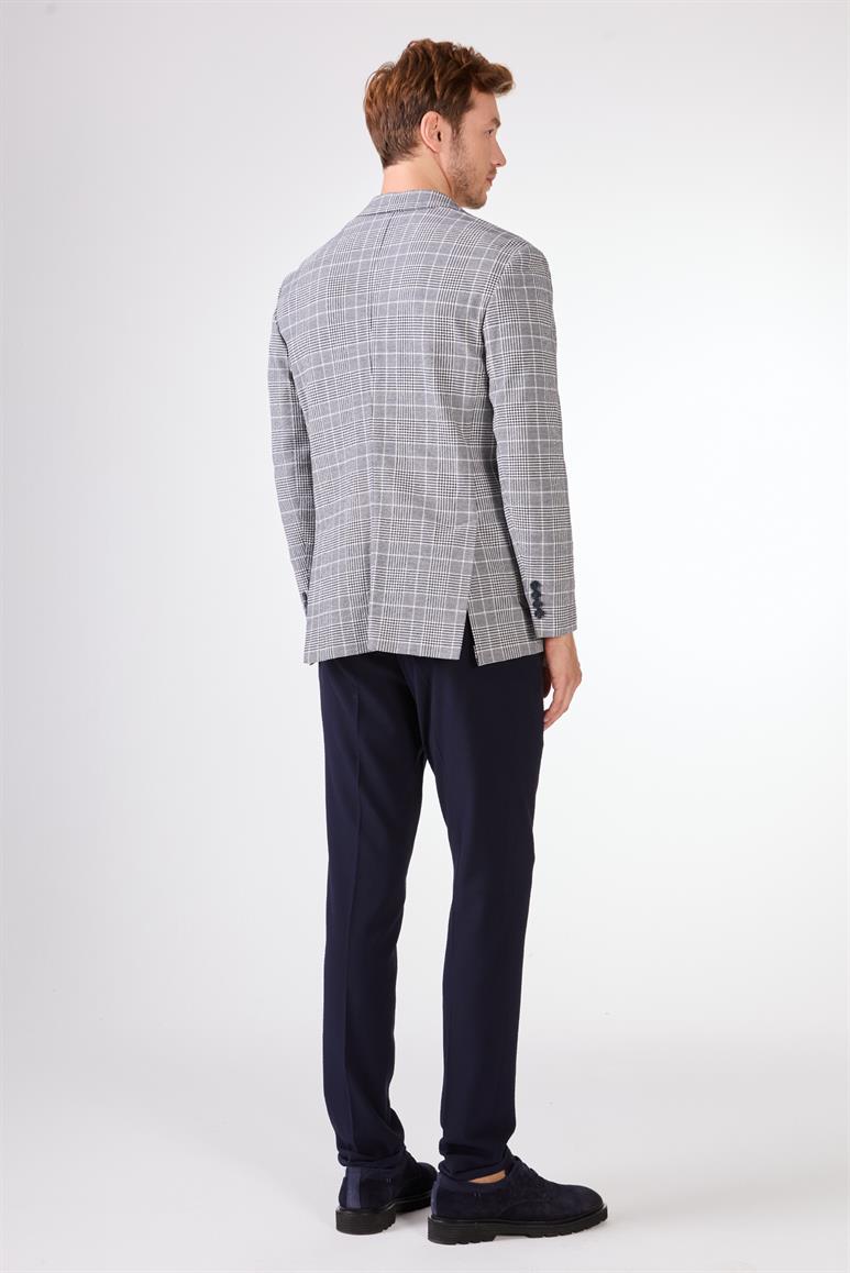 Lacivert Erkek Slim Fit Ekose Desenli Mono Yaka Ceket 