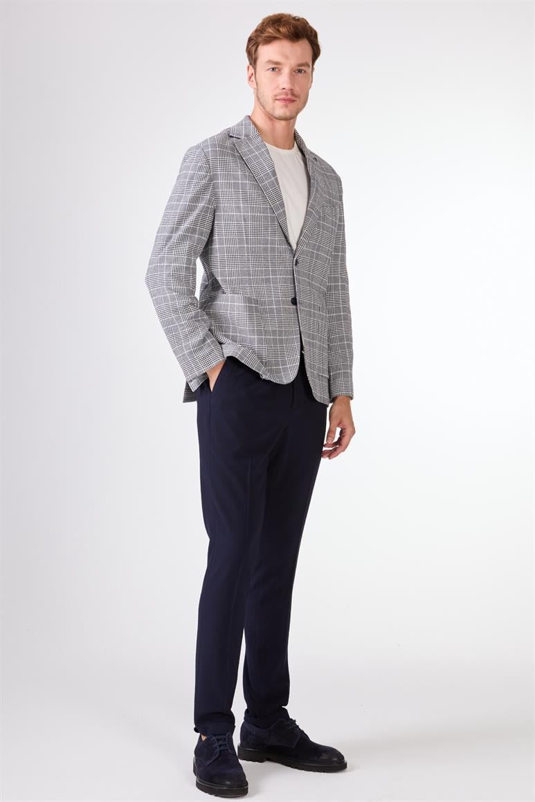 Lacivert Erkek Slim Fit Ekose Desenli Mono Yaka Ceket 