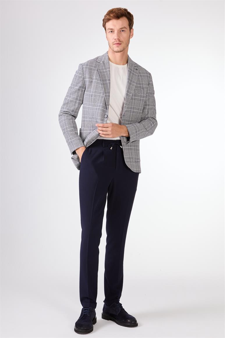 Lacivert Erkek Slim Fit Ekose Desenli Mono Yaka Ceket 