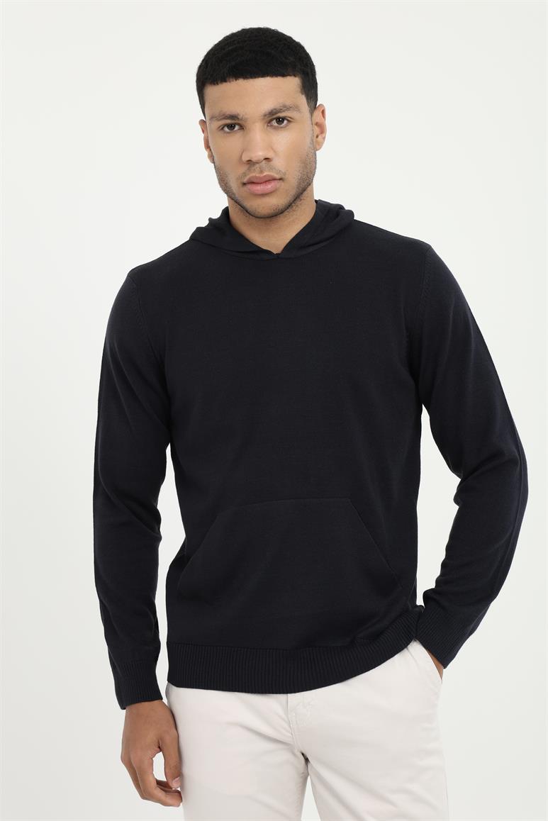 Lacivert Erkek Slim Fit   Kapüşonlu Triko 