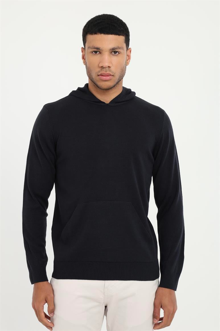 Lacivert Erkek Slim Fit   Kapüşonlu Triko 