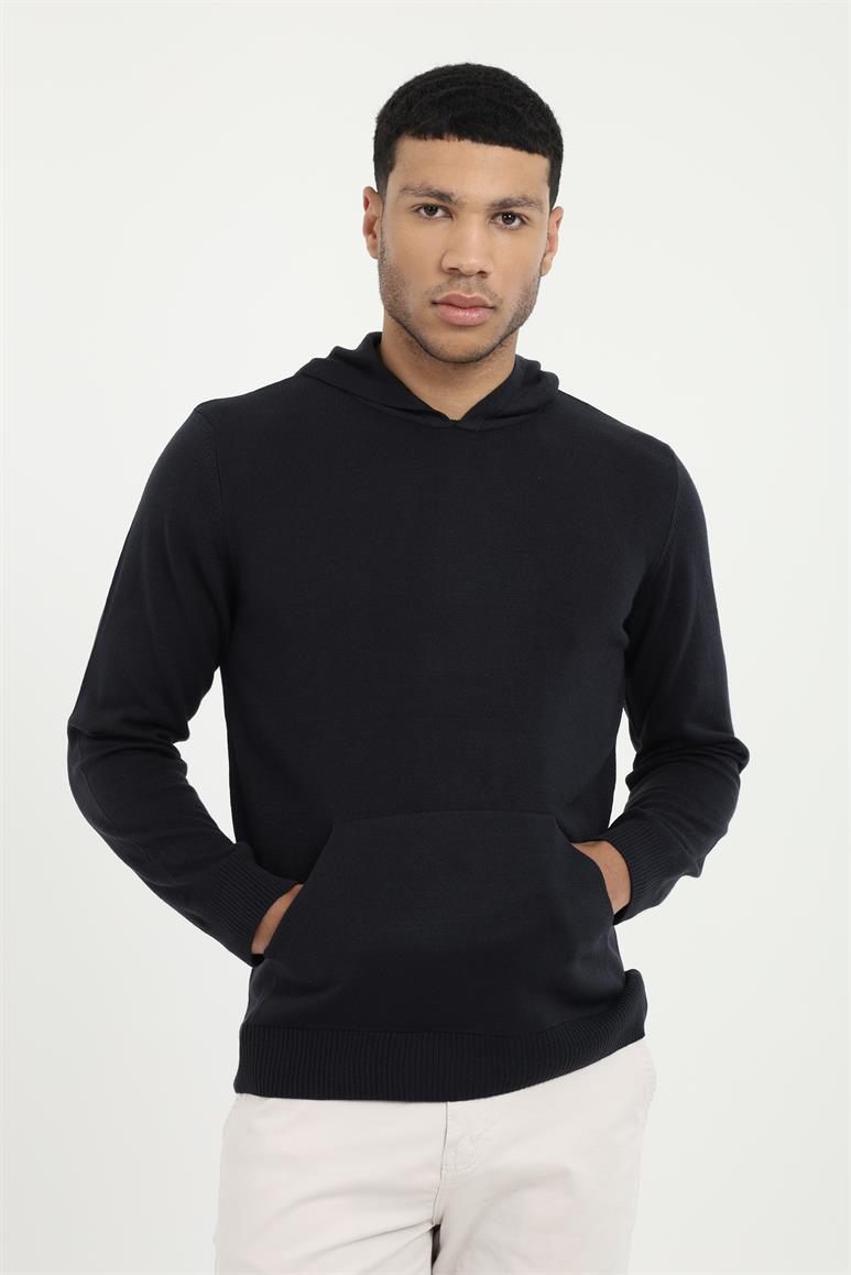 Lacivert Erkek Slim Fit   Kapüşonlu Triko 