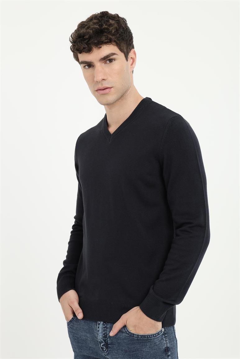 Lacivert Erkek Slim Fit  Klasik V Yaka Triko 