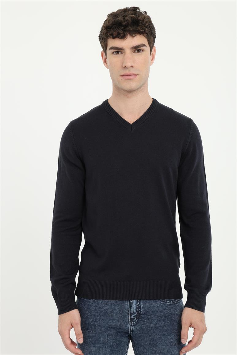 Lacivert Erkek Slim Fit  Klasik V Yaka Triko 