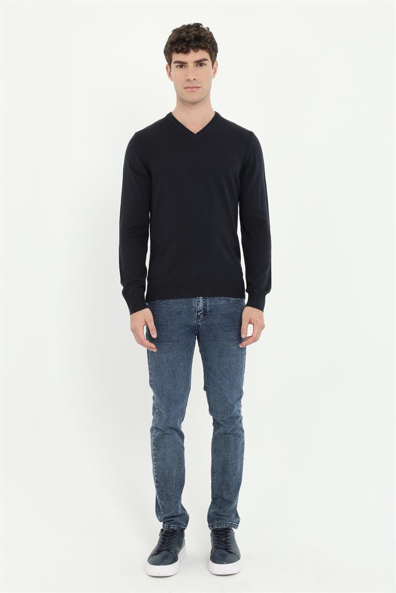 Lacivert Erkek Slim Fit  Klasik V Yaka Triko 