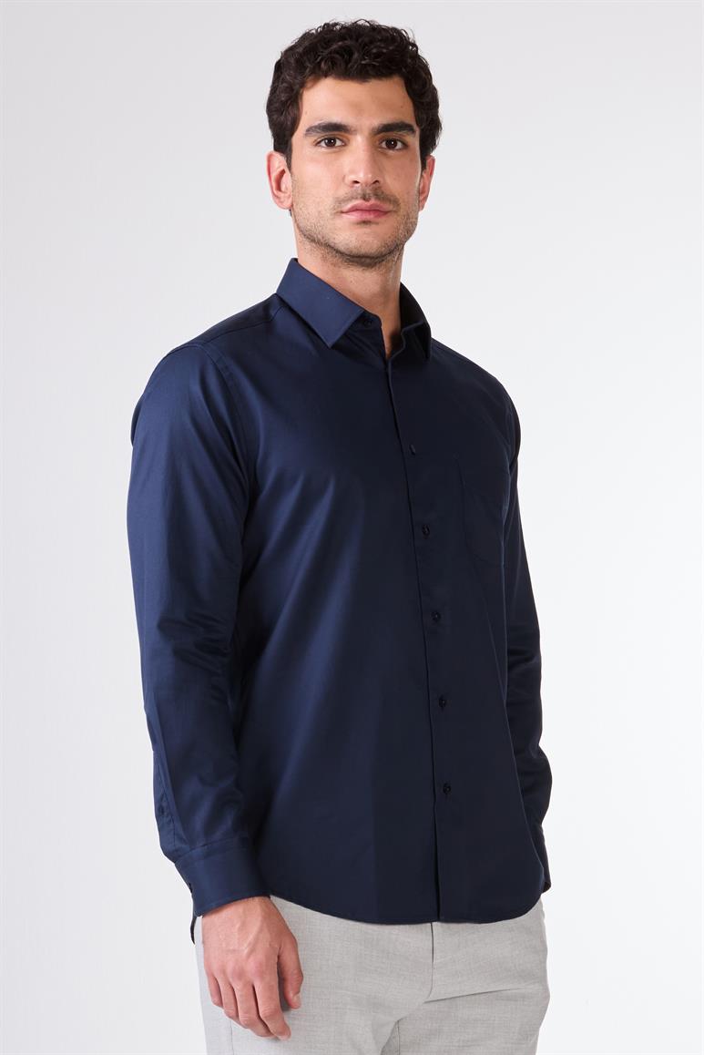 Lacivert Erkek Slim Fit Klasik Yaka Uzun Kol Gömlek 