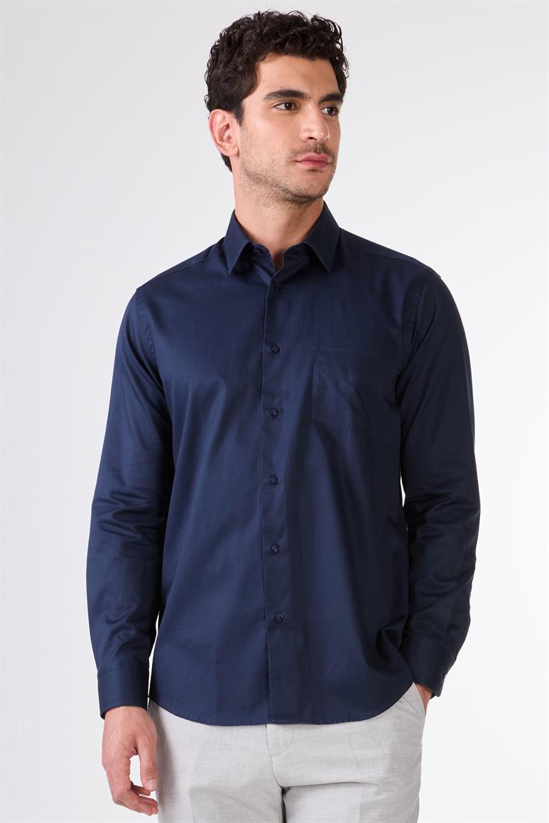 Lacivert Erkek Slim Fit Klasik Yaka Uzun Kol Gömlek 