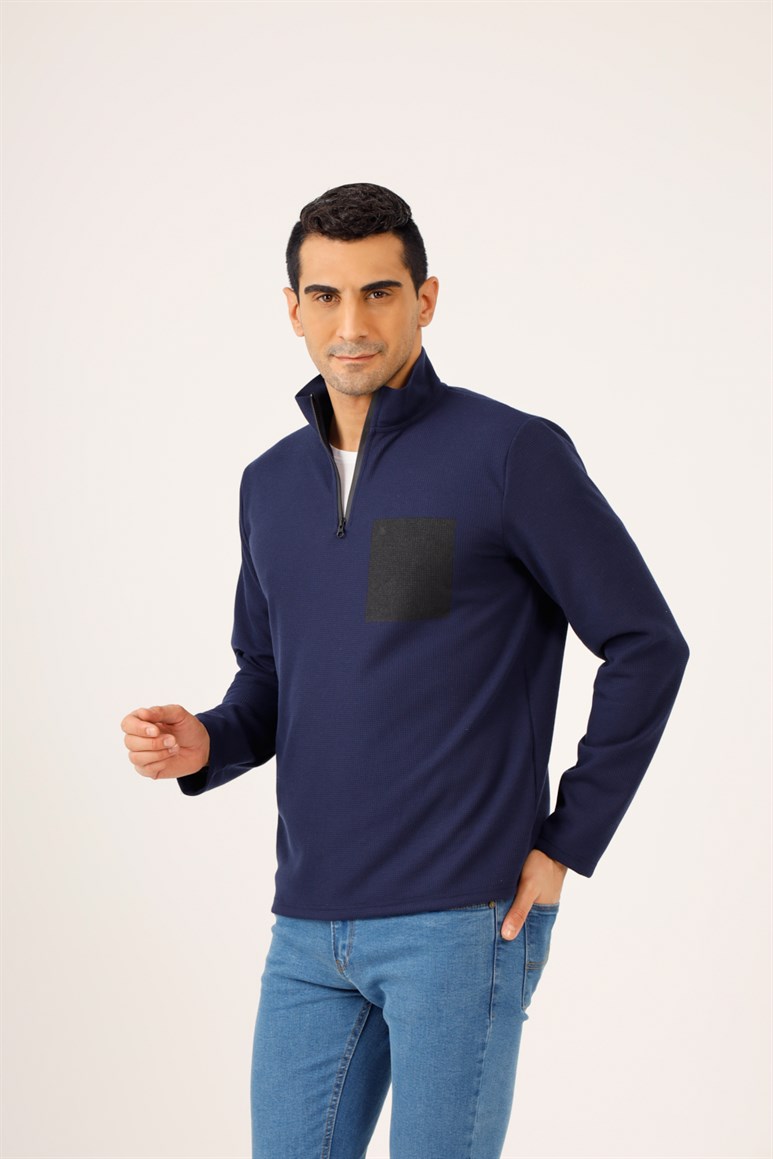 Lacivert Erkek Regular Fit Baskılı Fermuarlı Dik Yaka  Sweatshirt 
