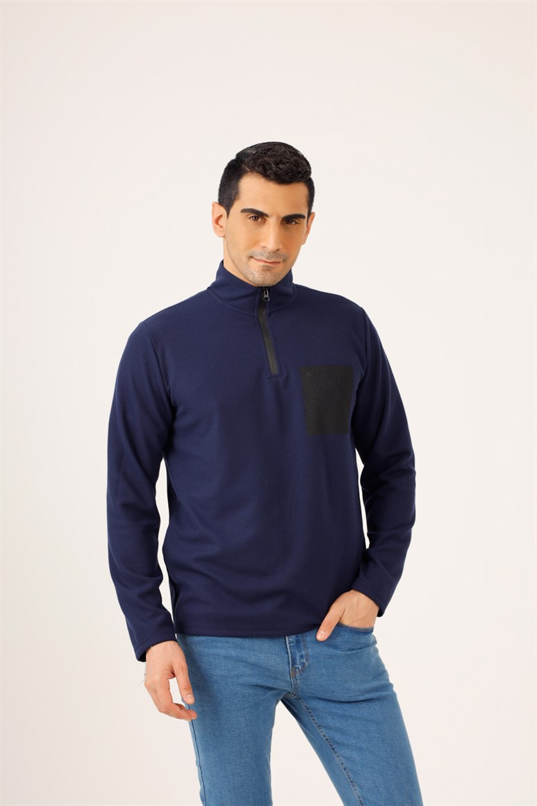 Lacivert Erkek Regular Fit Baskılı Fermuarlı Dik Yaka  Sweatshirt 