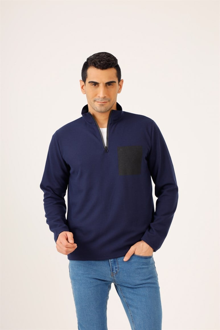 Lacivert Erkek Regular Fit Baskılı Fermuarlı Dik Yaka  Sweatshirt 