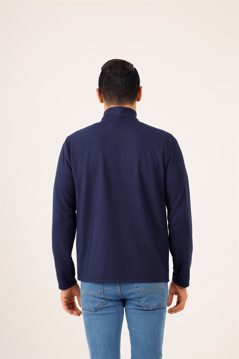 Lacivert Erkek Regular Fit Baskılı Fermuarlı Dik Yaka  Sweatshirt 