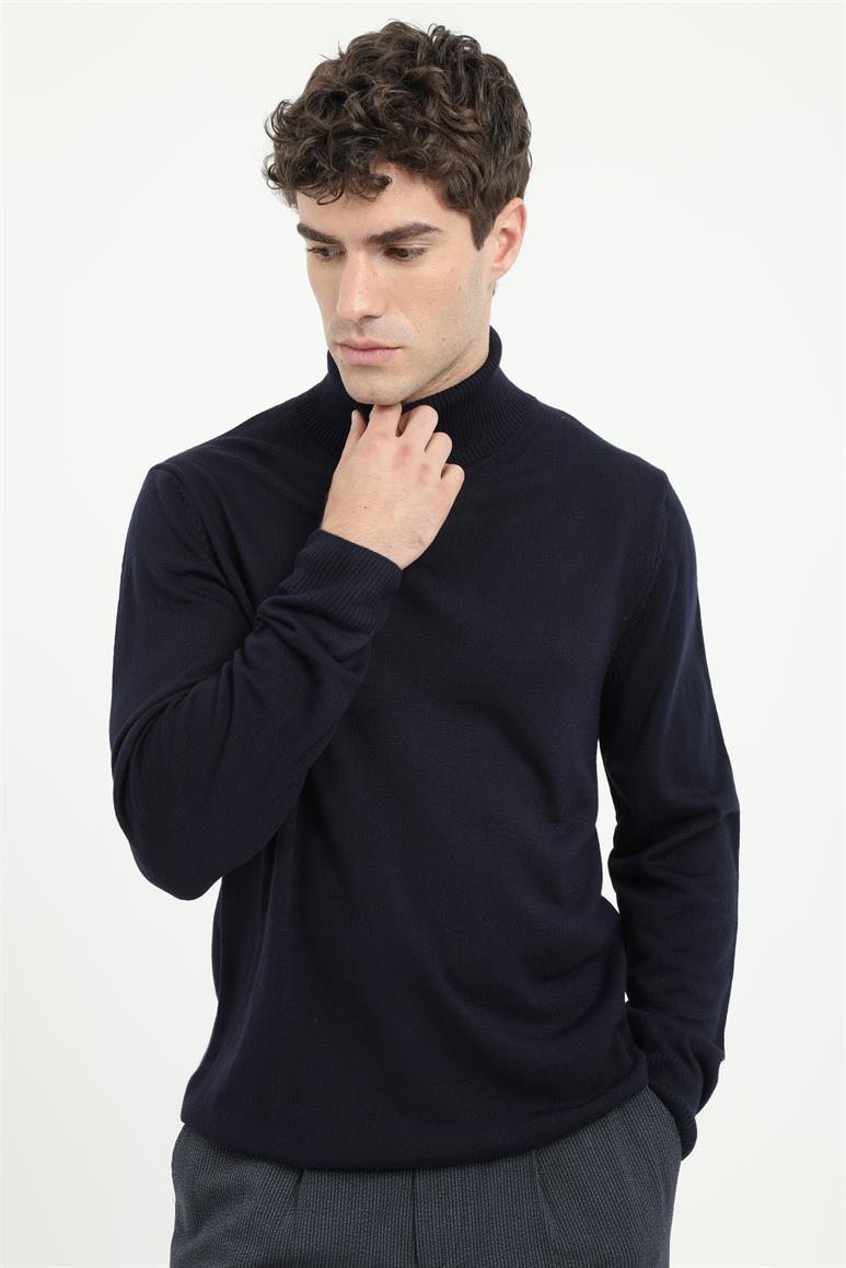 Lacivert Tam Balıkçı Yaka Slim Fit Erkek Triko