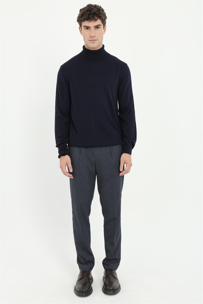 Lacivert Tam Balıkçı Yaka Slim Fit Erkek Triko