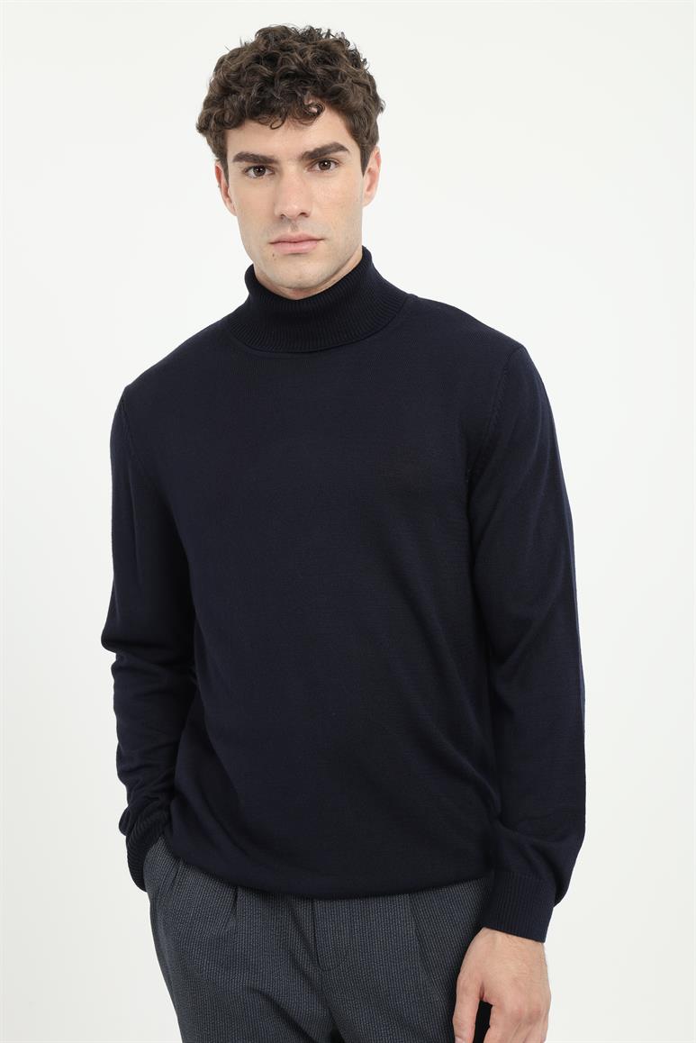 Lacivert Tam Balıkçı Yaka Slim Fit Erkek Triko