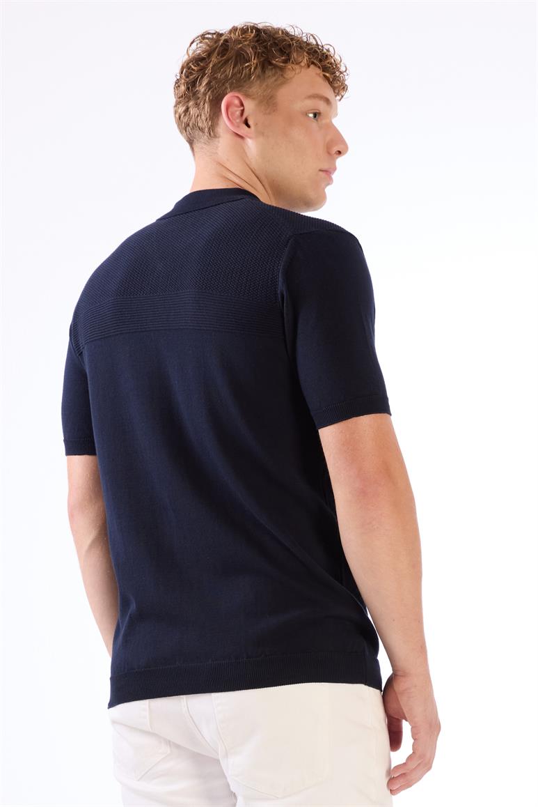 Lacivert Fermuarlı Polo Yaka Kısa Kollu Örgü Slim Fit Erkek Triko