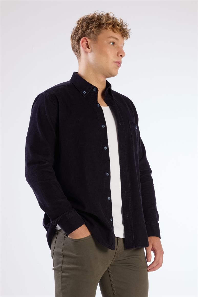 Lacivert Fitilli Kadife Regular Fit Erkek Gömlek 