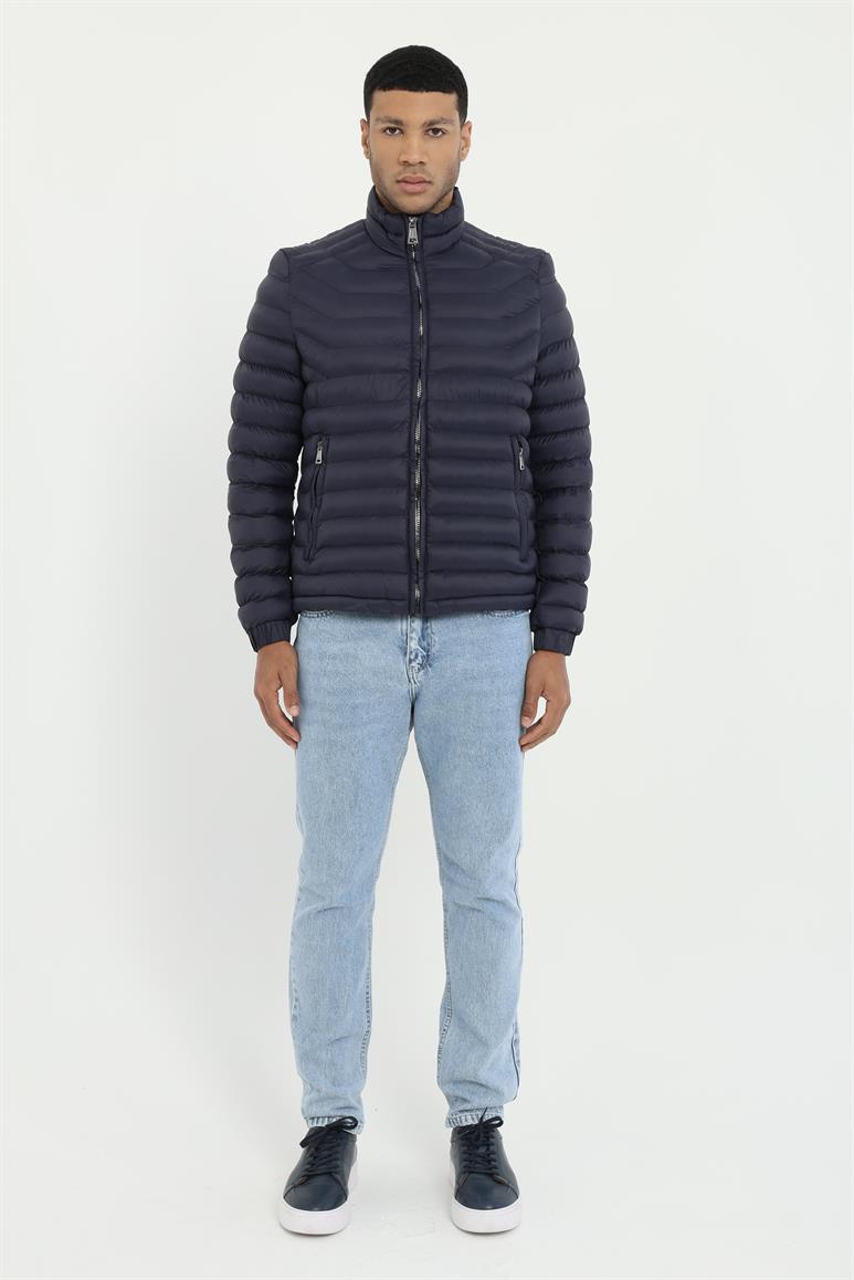 Lacivert Kapitone Slim Fit Erkek Mont