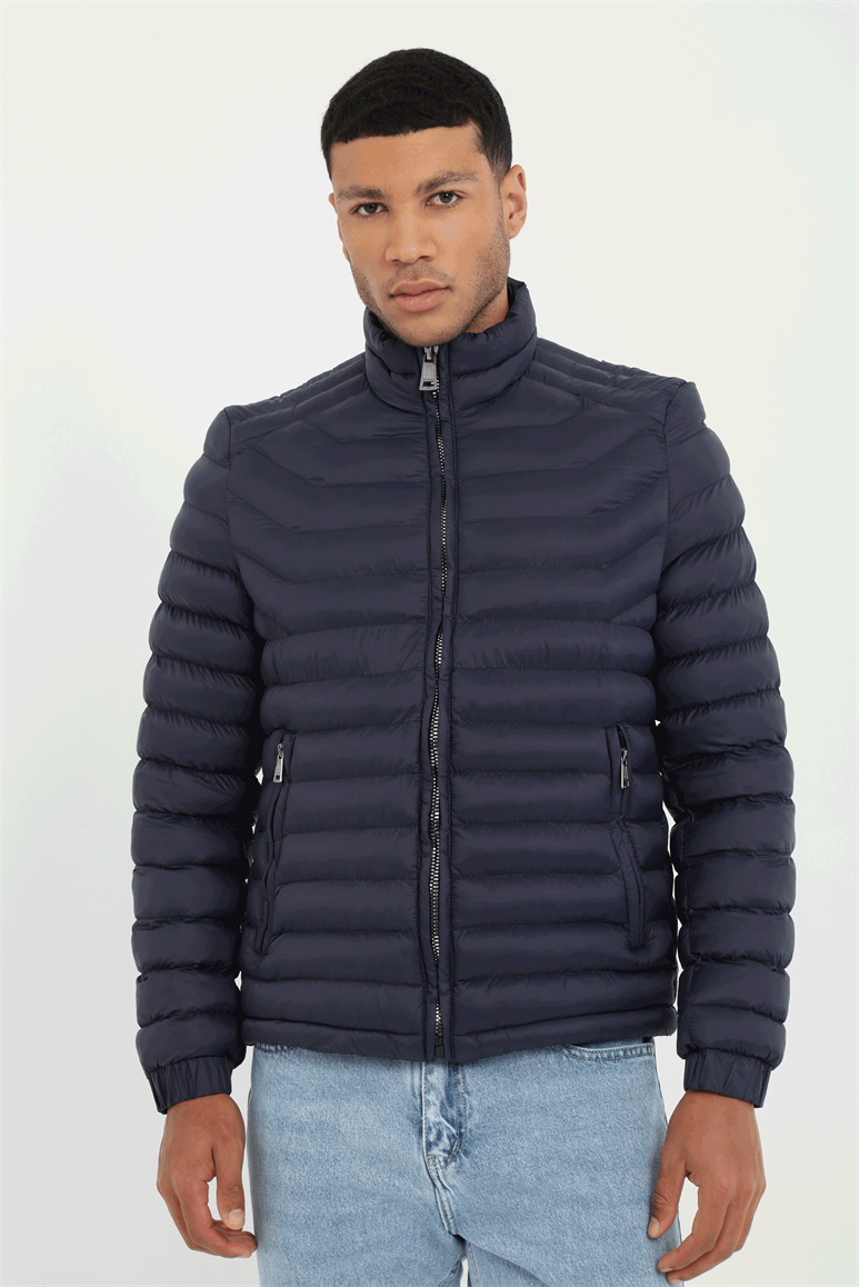 Lacivert Kapitone Slim Fit Erkek Mont