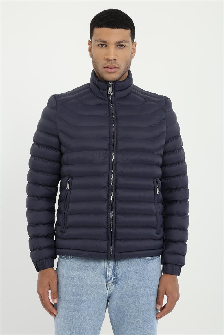 Lacivert Kapitone Slim Fit Erkek Mont