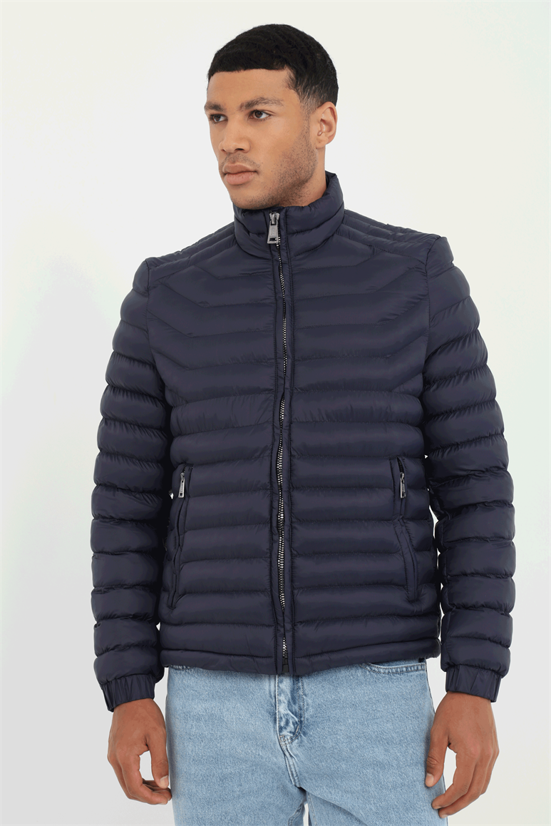 Lacivert Kapitone Slim Fit Erkek Mont