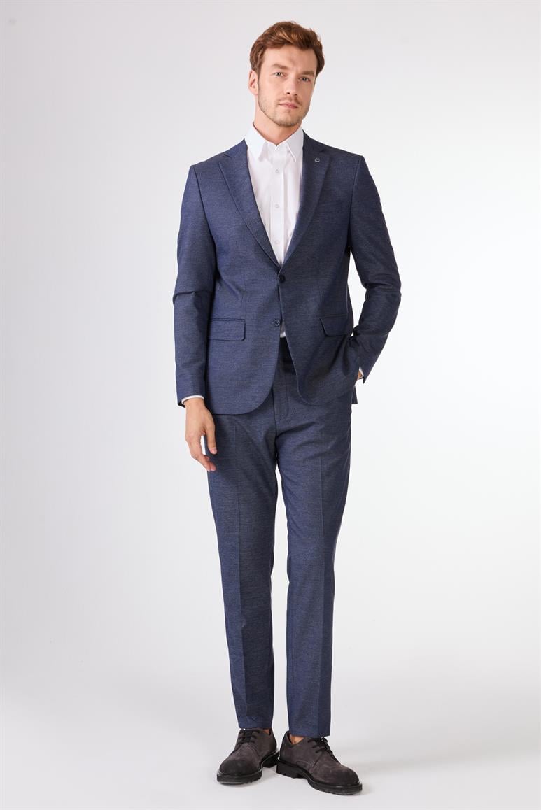 Lacivert Örgü Armürlü Slim Fit Casual Takım Elbise