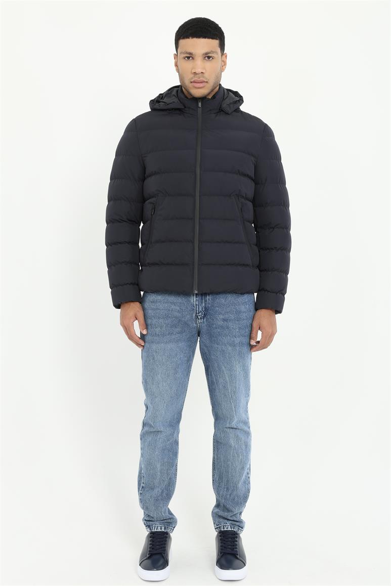 Lacivert Slim Fit Şişme Kapüşonlu Erkek Mont