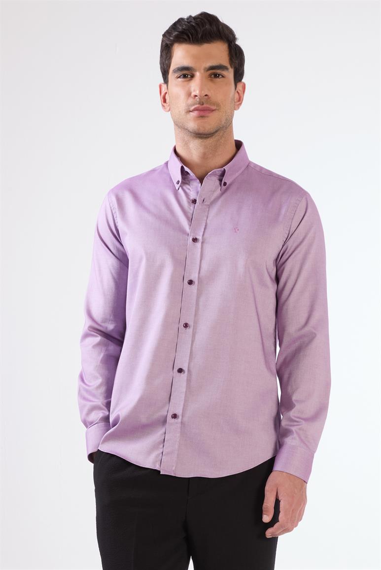 Lila Erkek Slim Fit Düz Brent Düğmeli Yaka Uzun Kol Gömlek 