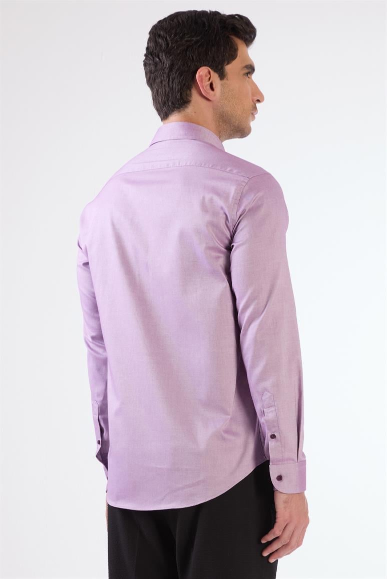 Lila Erkek Slim Fit Düz Brent Düğmeli Yaka Uzun Kol Gömlek 