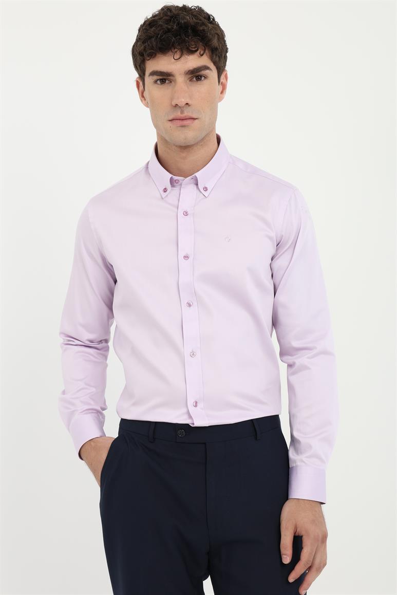 Lila Erkek Slim Fit Düz Brent Düğmeli Yaka Uzun Kol Gömlek 