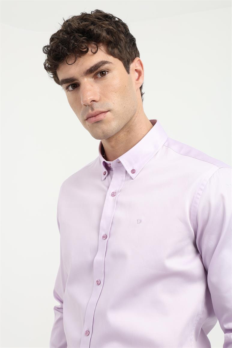 Lila Erkek Slim Fit Düz Brent Düğmeli Yaka Uzun Kol Gömlek 
