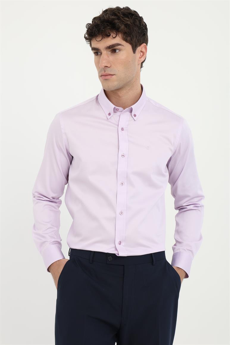 Lila Erkek Slim Fit Düz Brent Düğmeli Yaka Uzun Kol Gömlek 