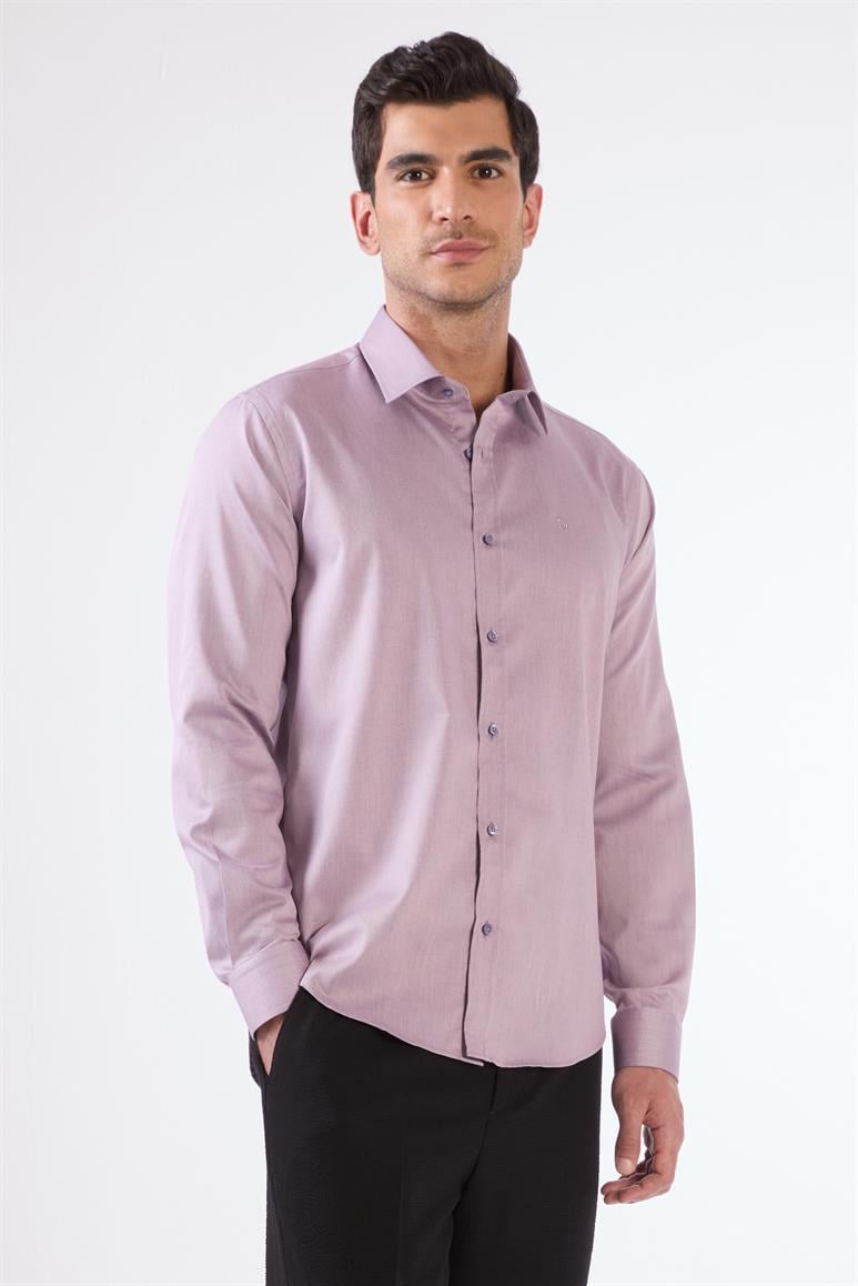 Lila Erkek Slim Fit Düz Brent Yaka Uzun Kol Gömlek 