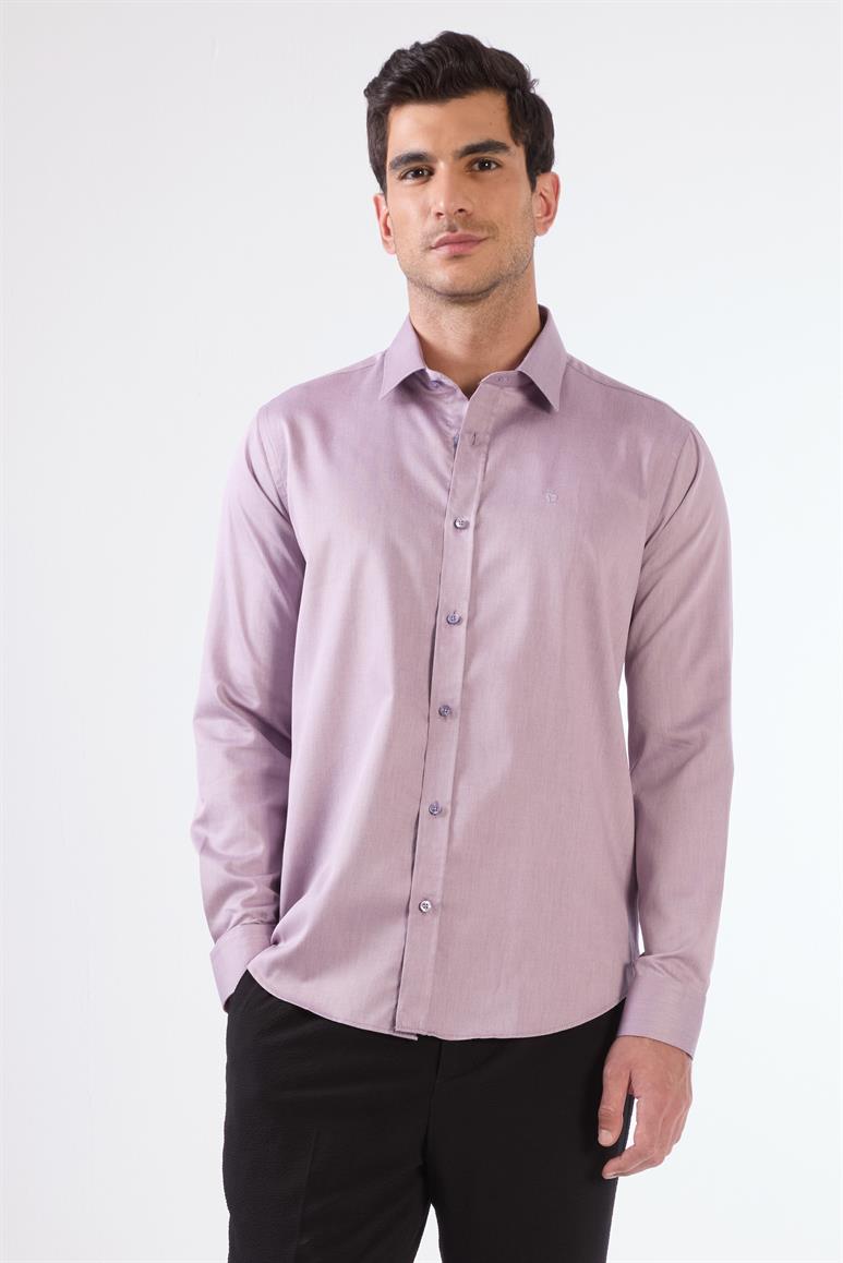 Lila Erkek Slim Fit Düz Brent Yaka Uzun Kol Gömlek 