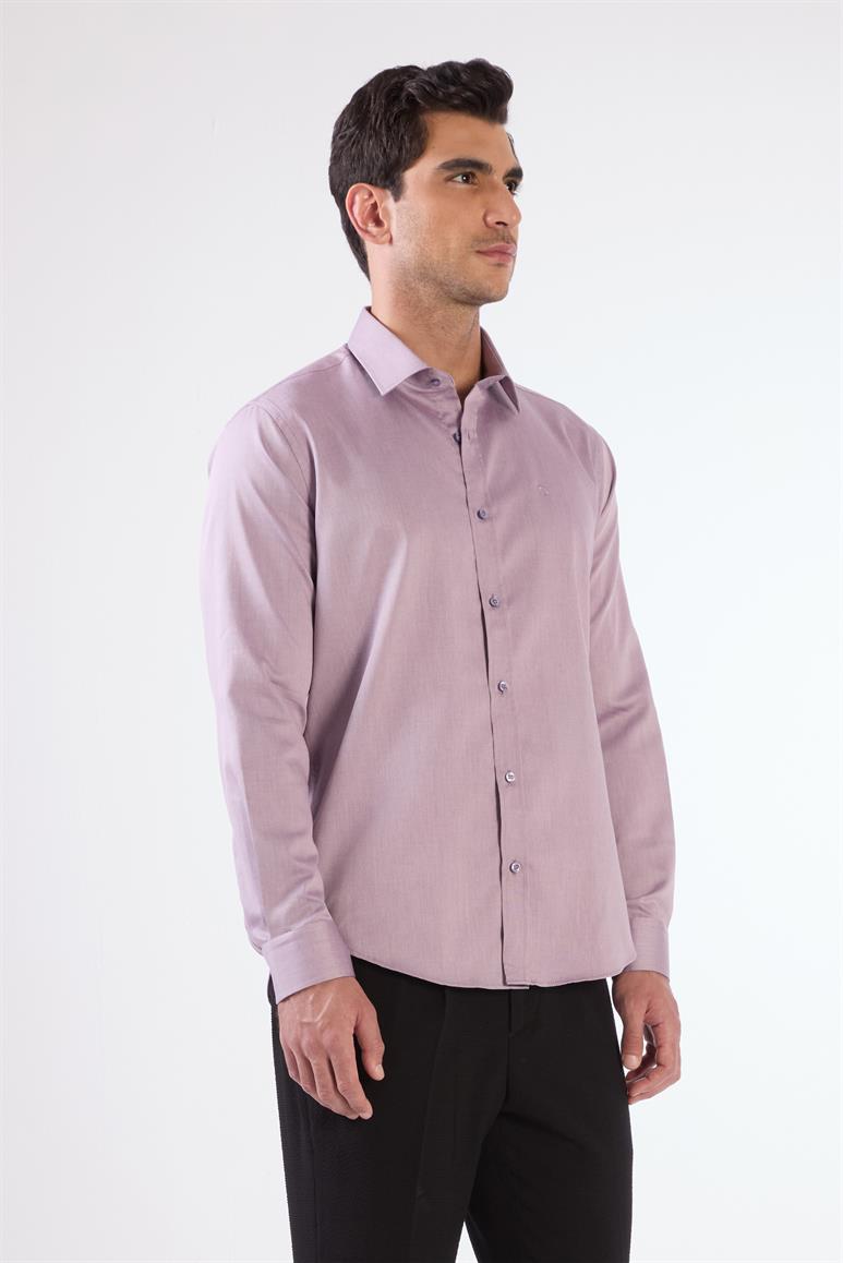 Lila Erkek Slim Fit Düz Brent Yaka Uzun Kol Gömlek 