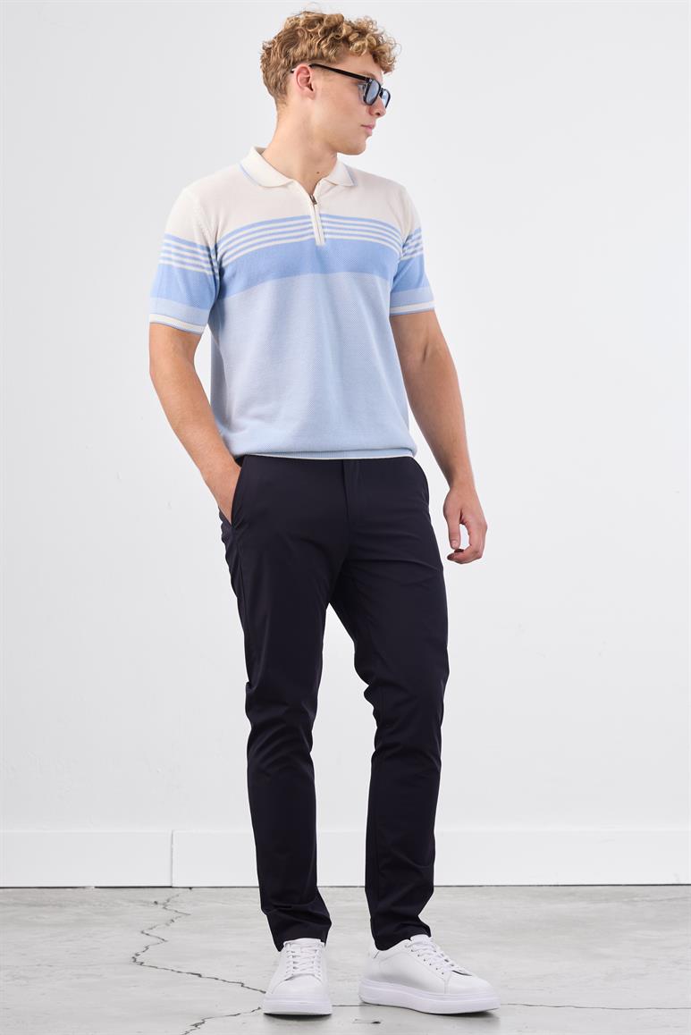 Mavi Çizgili Desen Fermuarlı Polo Yaka Kısa Kollu Slim Fit Erkek Triko