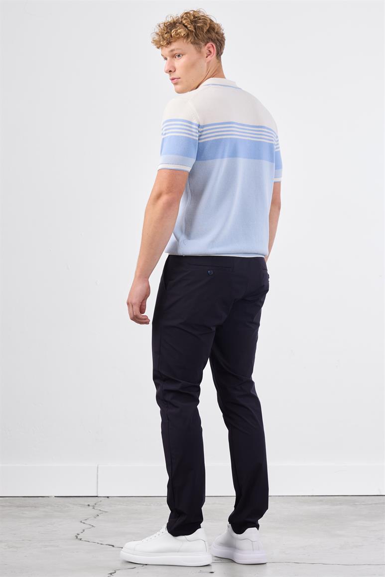 Mavi Çizgili Desen Fermuarlı Polo Yaka Kısa Kollu Slim Fit Erkek Triko