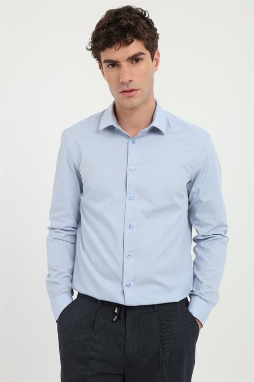 Mavi Düz Klasik Slim Fit Erkek Gömlek
